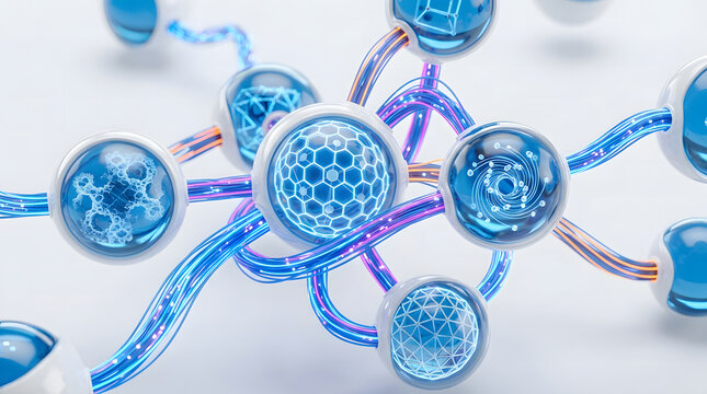 abstract molecular structure 3d render with blue and purple glowing spheres and connecting lines