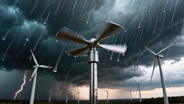 Professional wind speed sensor anemometer against a dramatic sky, green energy concept.