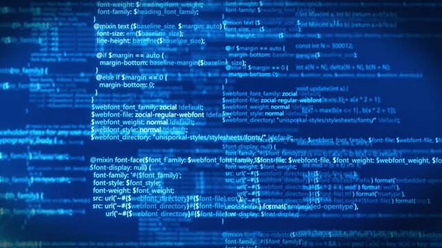 Abstract digital programming code flowing on screen with blue motion background representing software development.