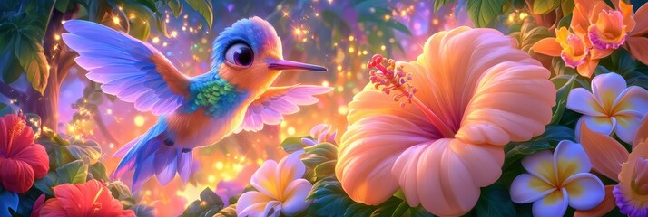 Fototapeta premium Whimsical hummingbird flying, glowing tropical garden, fantasy illustration