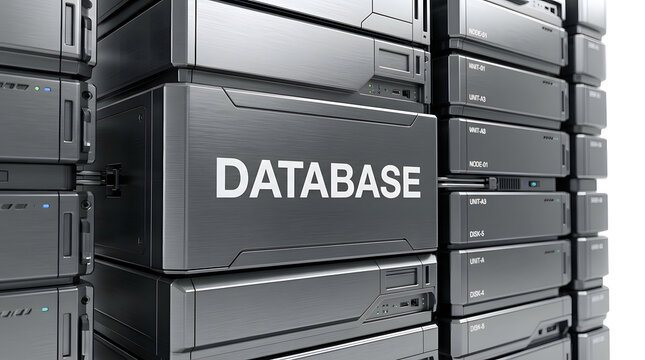 Stack of server units with database labeling 3d render on white background high quality