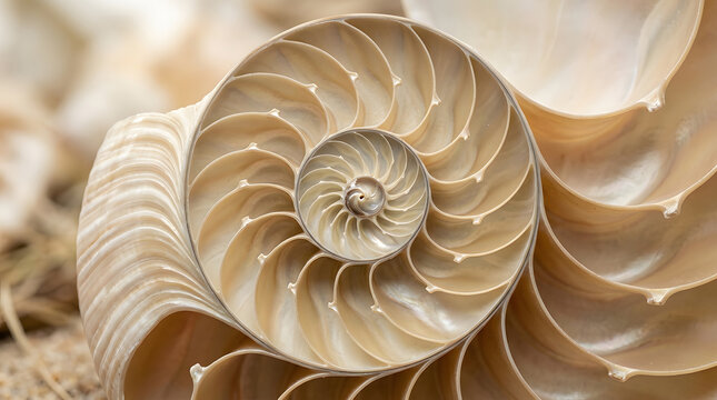 nautilus shell cross section detailed spiral pattern natural beige and white tones high quality