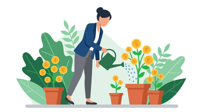 Flat vector illustration of people growing money plants and managing passive income investments in modern fintech startup style
