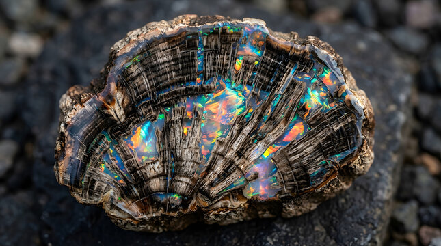 Rough boulder opal with vibrant play of color on dark volcanic rock high quality