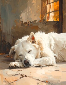 Peaceful white dog naps in warm sunlight indoors