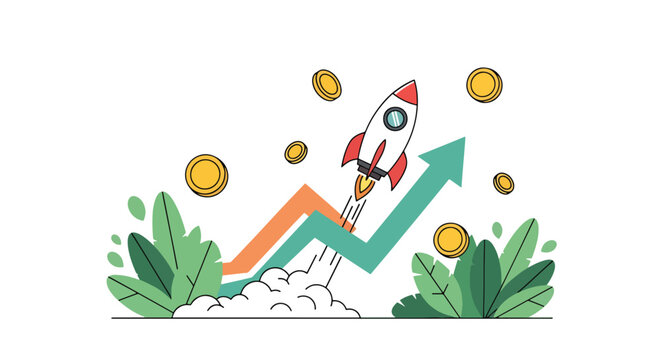 Modern flat vector illustration of startup growth with rocket launch, business analytics and floating gold coins in fintech style