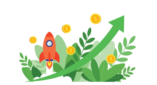 Modern flat vector illustration of startup growth with rocket launch, business analytics and floating gold coins in fintech style