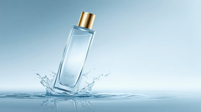 Clear perfume bottle splashing water with reflective surface and soft background