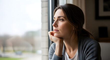 Fototapeta premium Woman looking out of a window thoughtfully with a woman gazes thoughtfully out of a large window