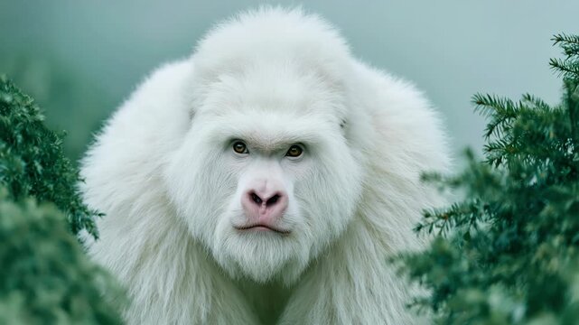 Tracking shot of albino gorilla approaching through dense foliage in temperate forest with slow pan and gentle dolly closeup portrait