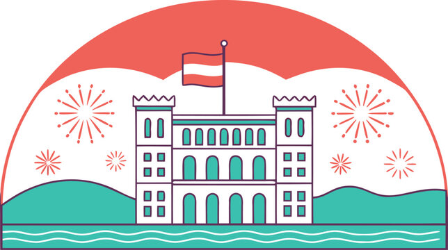 Of monaco's national day, featuring a castle with flag and fireworks
