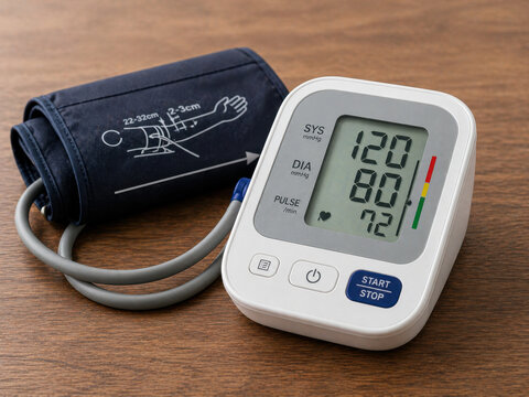 Digital blood pressure monitor
with a cuff on a wooden table, measuring blood pressure and pulse, focusing on health, diagnosis, and home blood pressure monitoring.