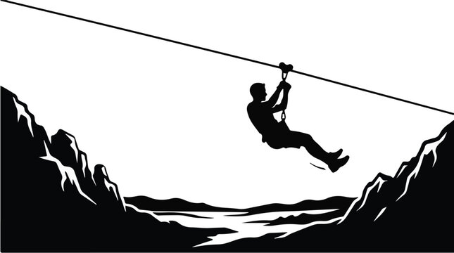 Silhouette of a man zip lining over mountain valley during outdoor adventure extreme sport