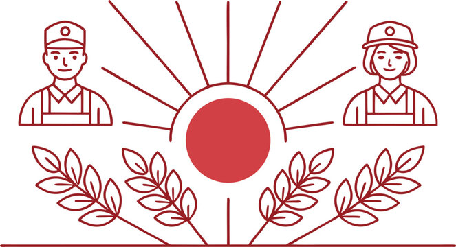 Minimal line of japan lab workers with sun and leaves