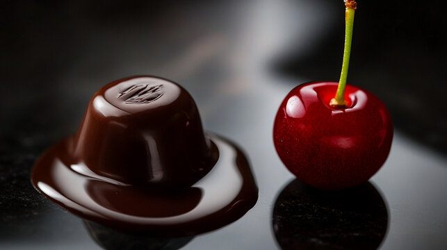 ingle artisan dark chocolate truffle with a fresh red cherry on dark reflective surface