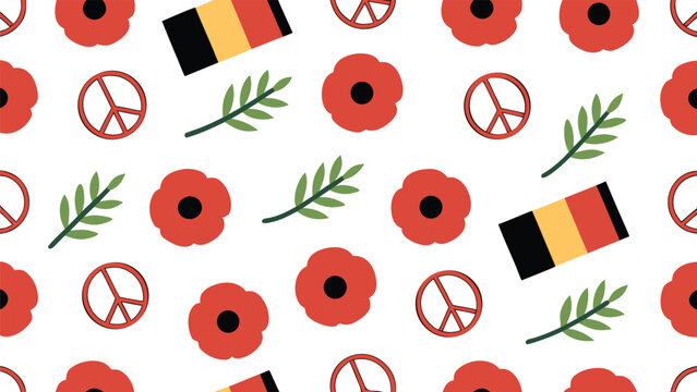 Seamless pattern featuring red poppies, peace signs, and belgian flags on beige background
