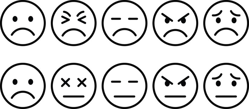 Angry faces, emoticon set, sad expressions, frustrated icons, black and white