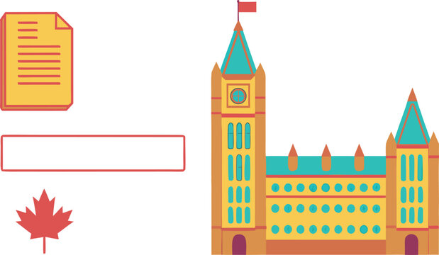 Isometric of the canadian parliament building, 1931 constitutional law document, and maple leaf