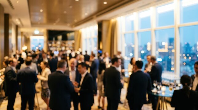 Blurred corporate event with attendees networking in a modern hotel ballroom with city view