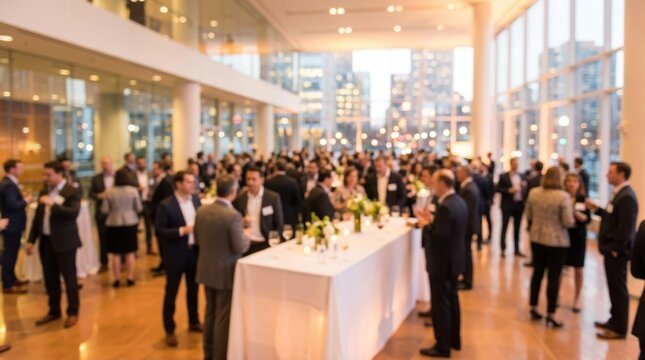 Corporate event reception with city view blurred background business professionals networking