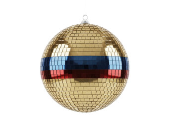 Obraz premium Golden disco ball ornament with blue and red stripes isolated on transparent background