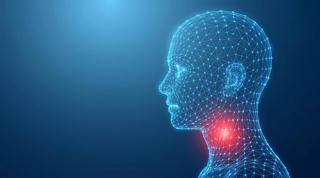 Digital wireframe illustration of human head profile with red glowing sore throat pain medical concept
