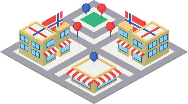Isometric norwegian town square with buildings, flags, and balloons