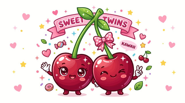 Cute cartoon cherries with smiling faces.
