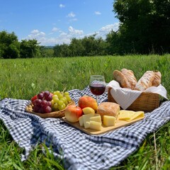 Obraz premium Picnic With Fruit, Cheese, Bread, and Wine on a Blanket in Green Field Under Sunny Sky