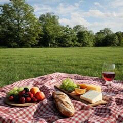 Obraz premium Picnic With Fruit, Cheese, Bread, and Wine on a Blanket in Green Field Under Sunny Sky