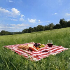 Obraz premium Picnic With Fruit, Cheese, Bread, and Wine on a Blanket in Green Field Under Sunny Sky