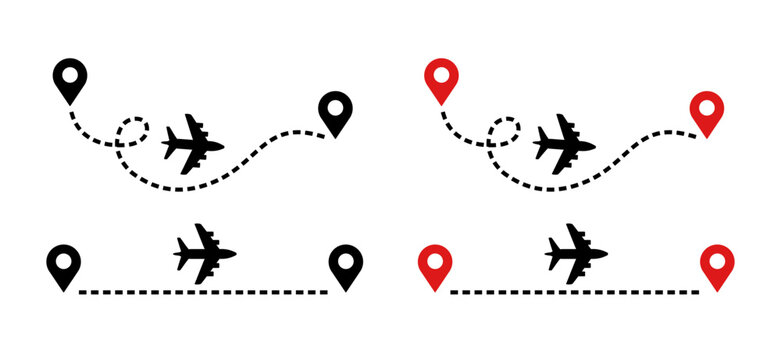 Air travel route. Airplane and map pins. Hand-drawn vector icon set.