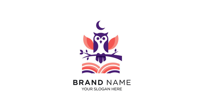 An owl wearing a hat sits on an open book under a crescent moon.