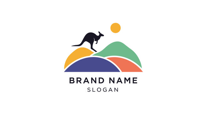 A kangaroo jumps on colorful hills at sunset with a logo.