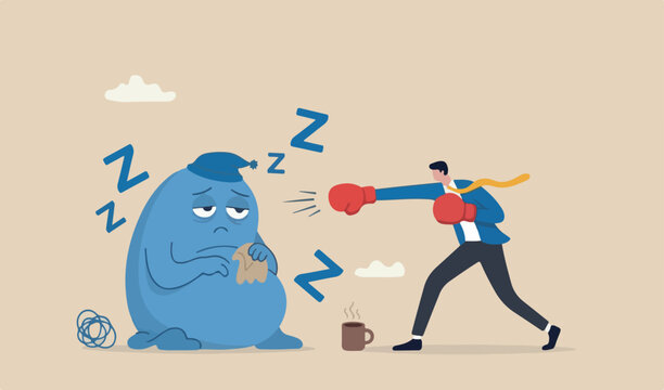 Procrastination laziness productivity professional fight resistance sleepy concept businessman have some team coffee wearing boxing gloves to fight with lazy sleepy symbol