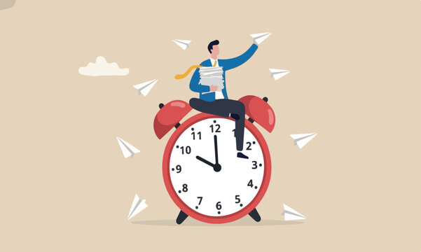 Productivity and efficiency in work, procrastination or time management or project deadline, best performance employee concept, smart relax businessman sitting on alarm clock launching paper airplane