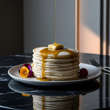 Golden syrup pouring on a stack of fluffy pancakes with a pat of butter and edible flowers on a marble table