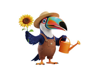 Obraz premium Cute toucan gardener with sunflower isolated on transparent background