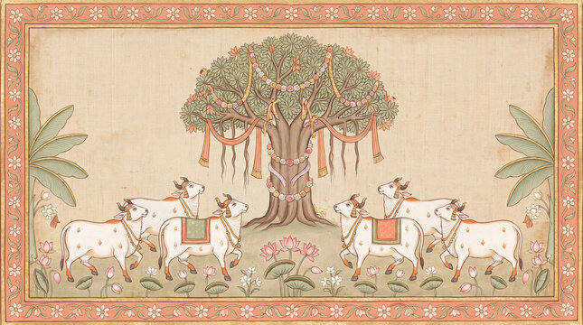 Watercolor style sacred cow painting wallpaper with copy space 