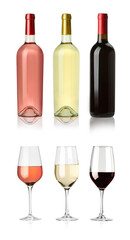 Obraz premium Rose, red and white wine in bottles and glasses on transparent background