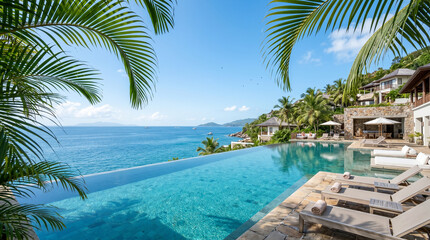 Naklejka premium Stunning tropical infinity pool with ocean view and sunbeds at luxury seaside resort