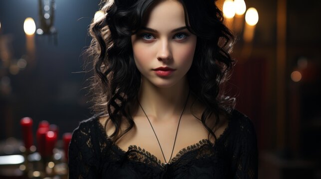 Enchanting portrait of a mysterious woman with dark hair and lace attire against a softly lit background