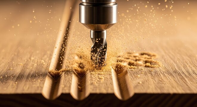 Extreme close-up of a high-speed CNC router bit carving intricate patterns into a solid block of oak wood with sawdust flying everywhere, cutting, sawdust, dynamic