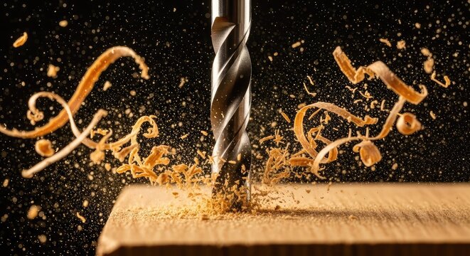 Extreme close-up of a sharp metal drill bit carving through natural timber as fine sawdust and golden wood shavings spray into the air, rotation, spinning, cutting