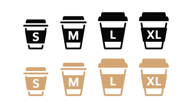 Paper coffee cup size collection vector set with small, medium, and large takeaway drink cups for cafe branding, beverage packaging, and mockup design projects