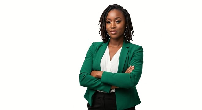 A confident young professional woman standing with her arms crossed in a green blazer and white shirt