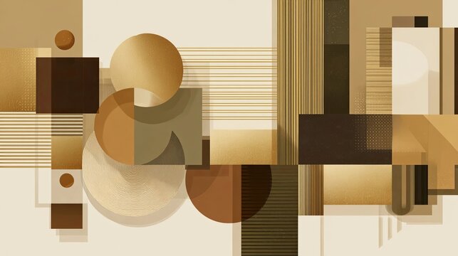 Abstract modern composition of overlapping geometric shapes circles and textured squares in warm earthy tones