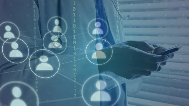 Doctor tapping phone by blinds, avatar appearing multiplying into binary health data web