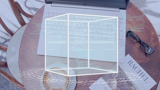 On start wireframe cube appearing above laptop, brightening and scrolling code to visualize data