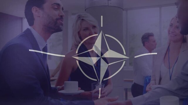 Four professionals networking at conference man reaching shaking hands with cups compass overlaying